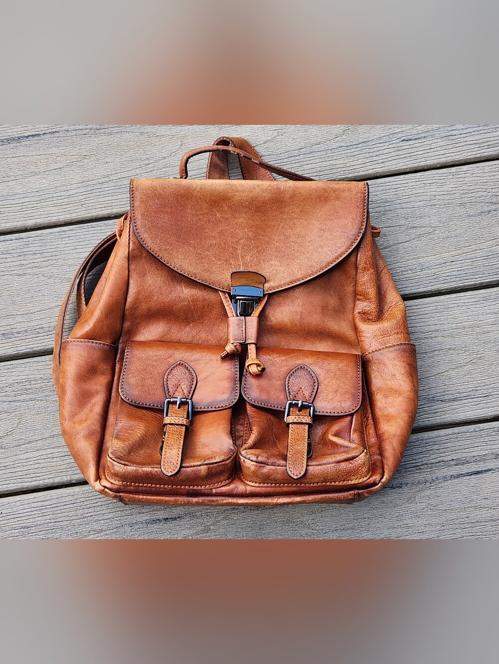 Women's Tan Leather Backpack with Front Pockets